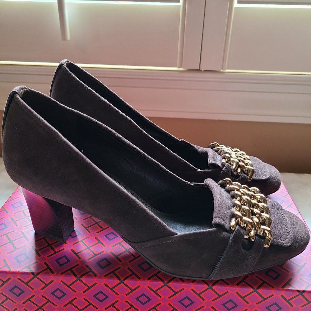Tory Burch Suede Heels with chain detail *New* not worn
